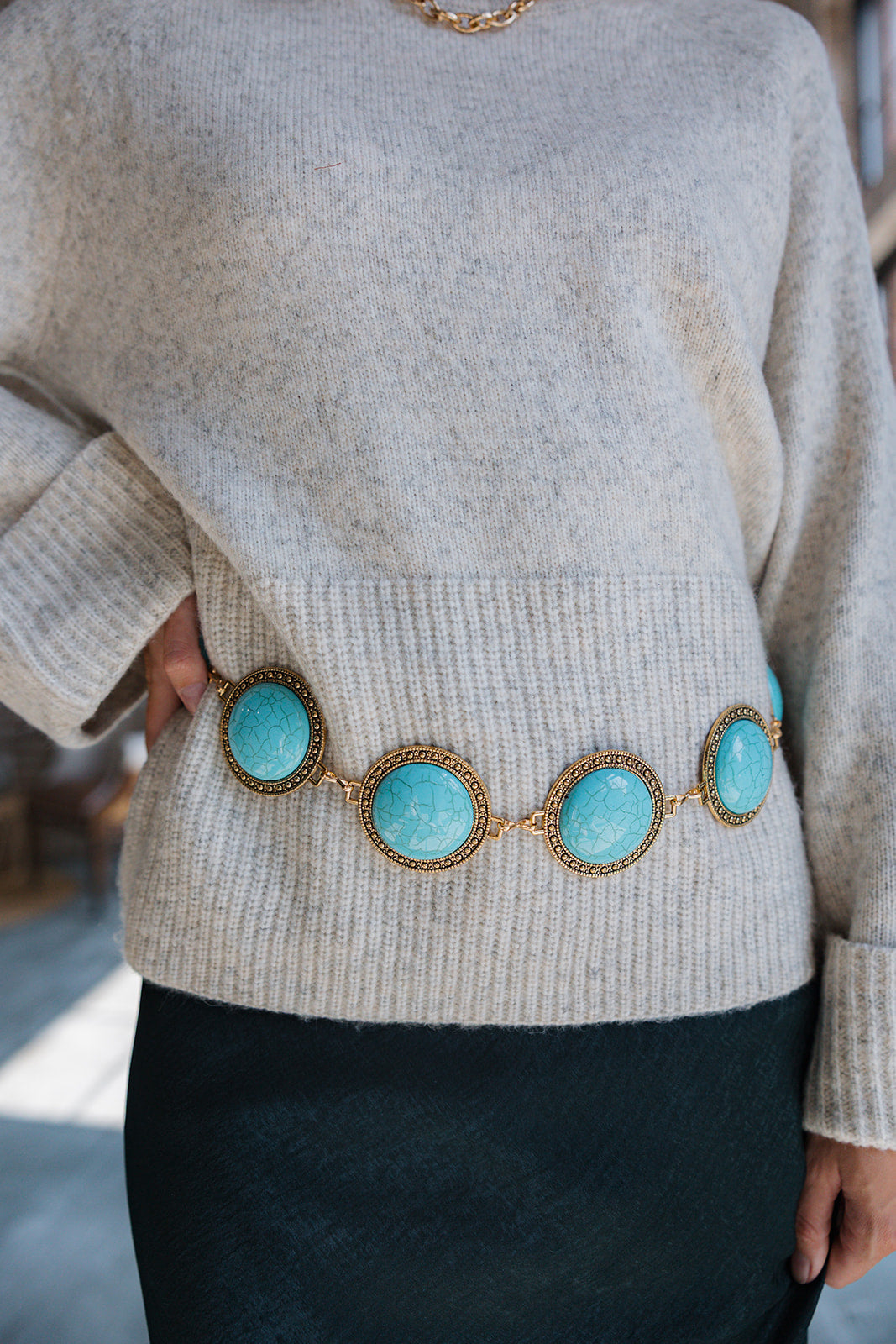Lori Turquoise & Gold Chain Belt - front view