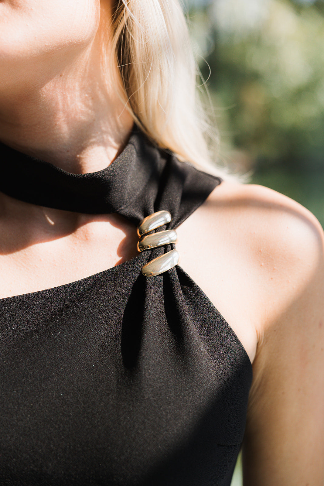 Elisa Black & Gold One-Shoulder Midi Dress- close up shoulder view