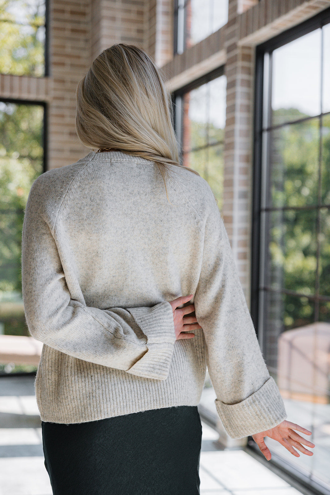 Dahlia Oatmeal Knit Sweater- close up back details view