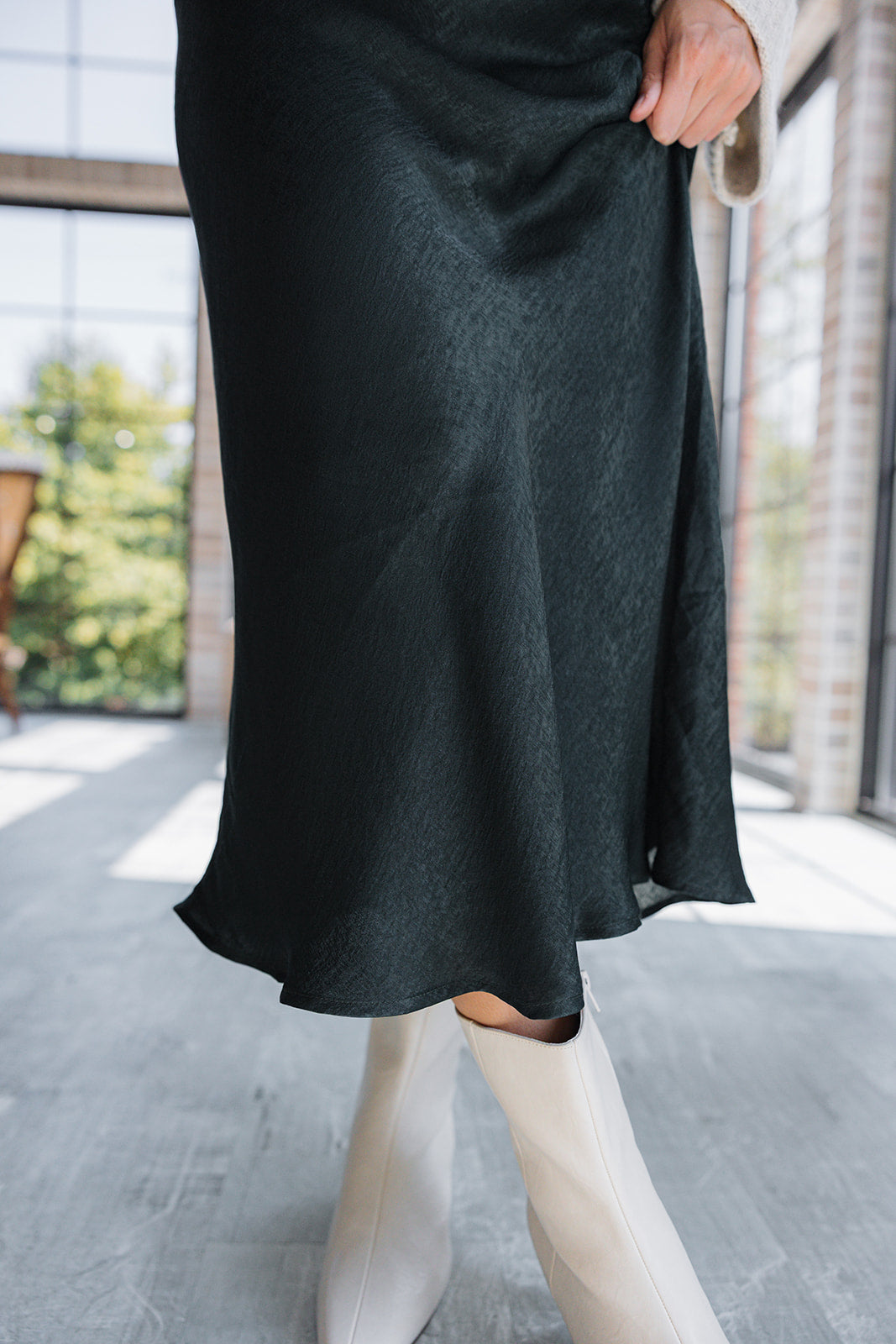 Bristol Dark Green Satin Midi Skirt- front detail view