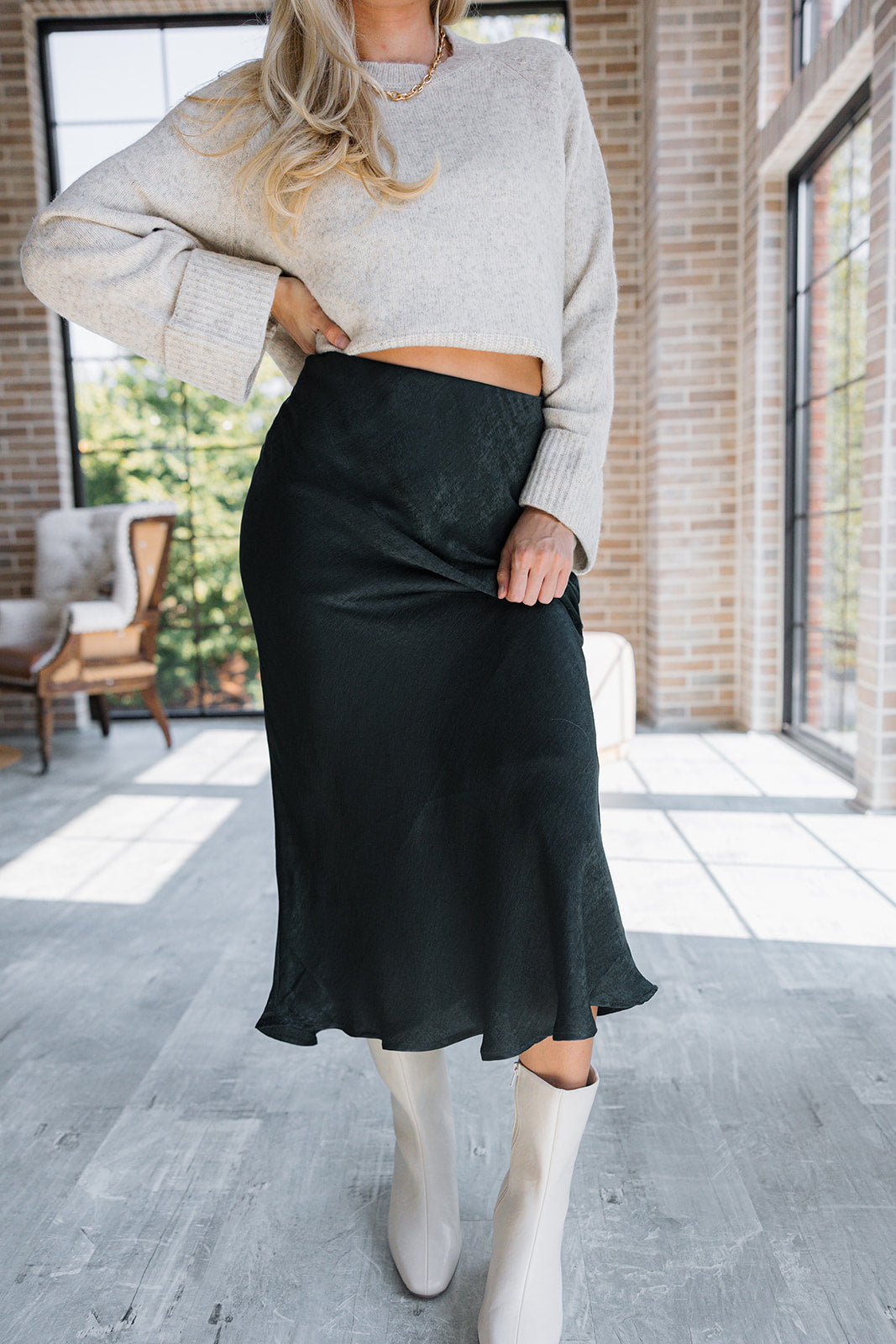 Bristol Dark Green Satin Midi Skirt- frontal view