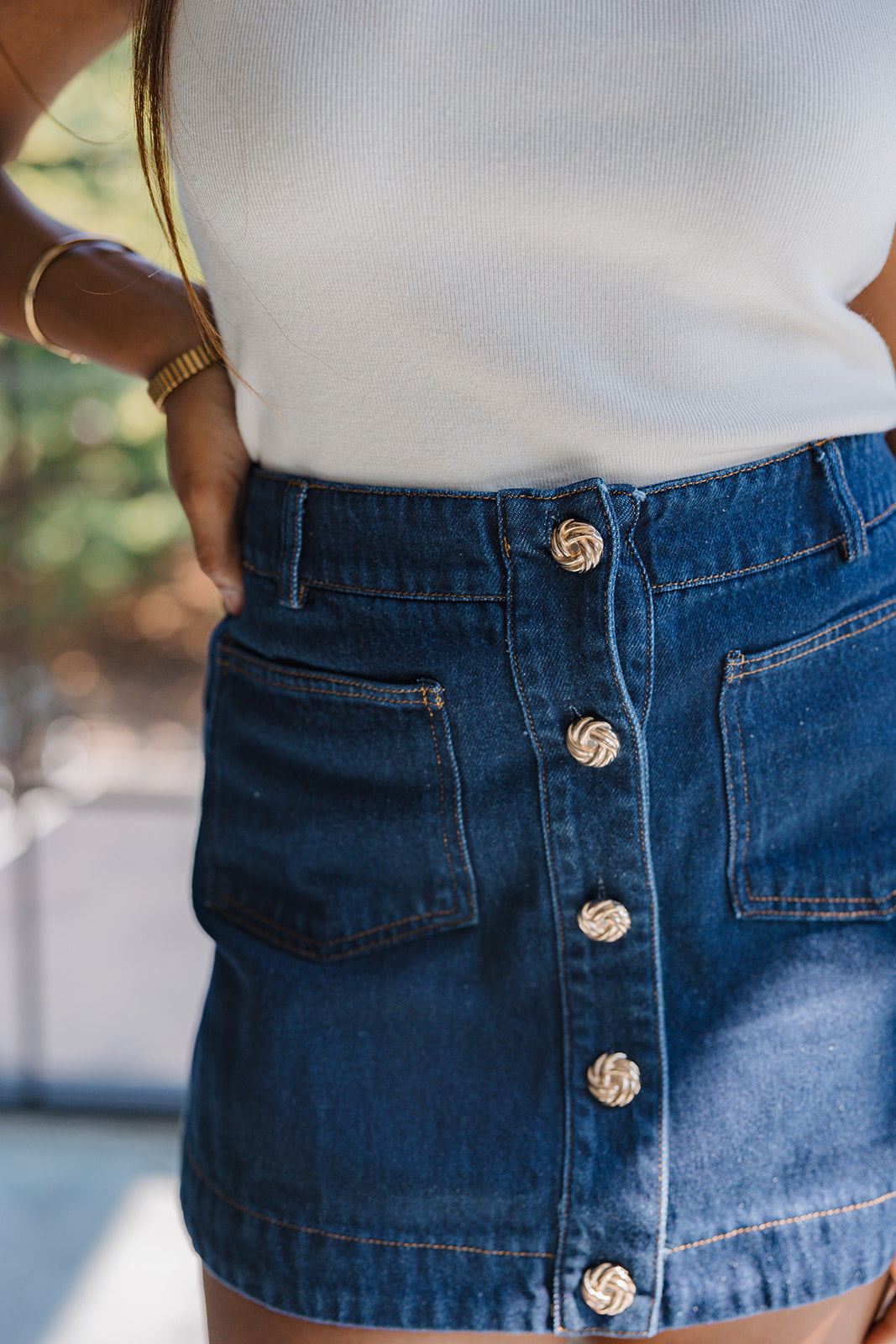Celine Dark Denim & Gold Buttons Mini Skirt- close up front view