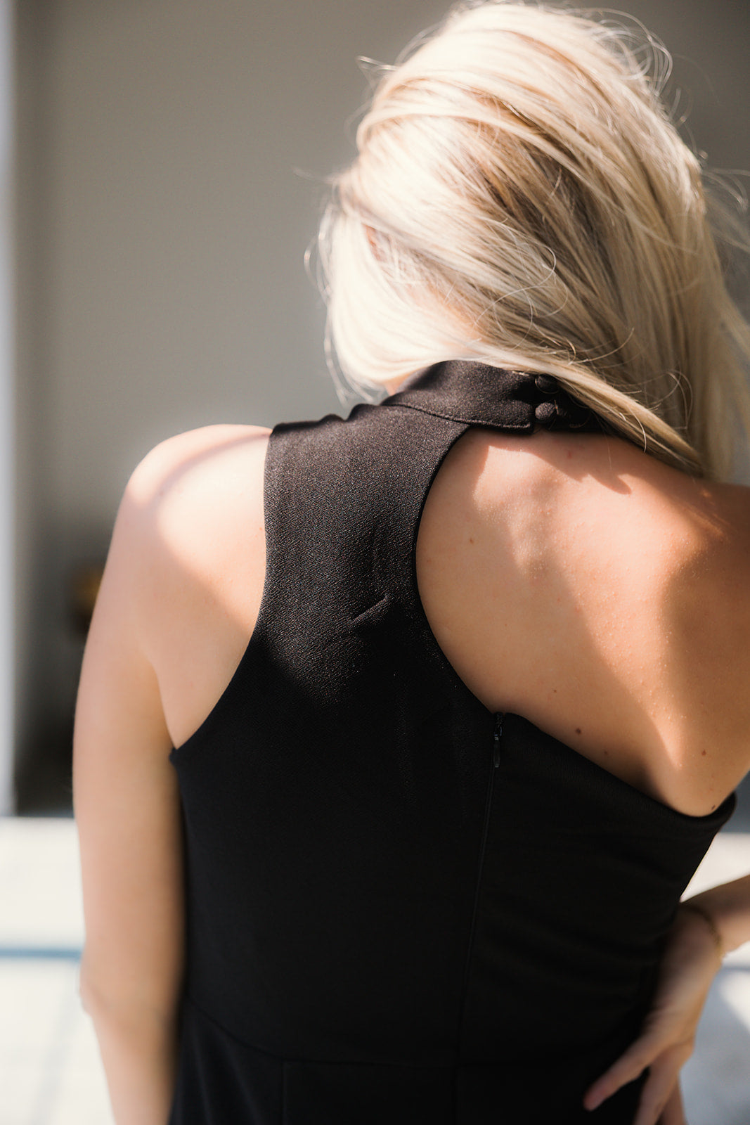 Elisa Black & Gold One-Shoulder Midi Dress- close up back view