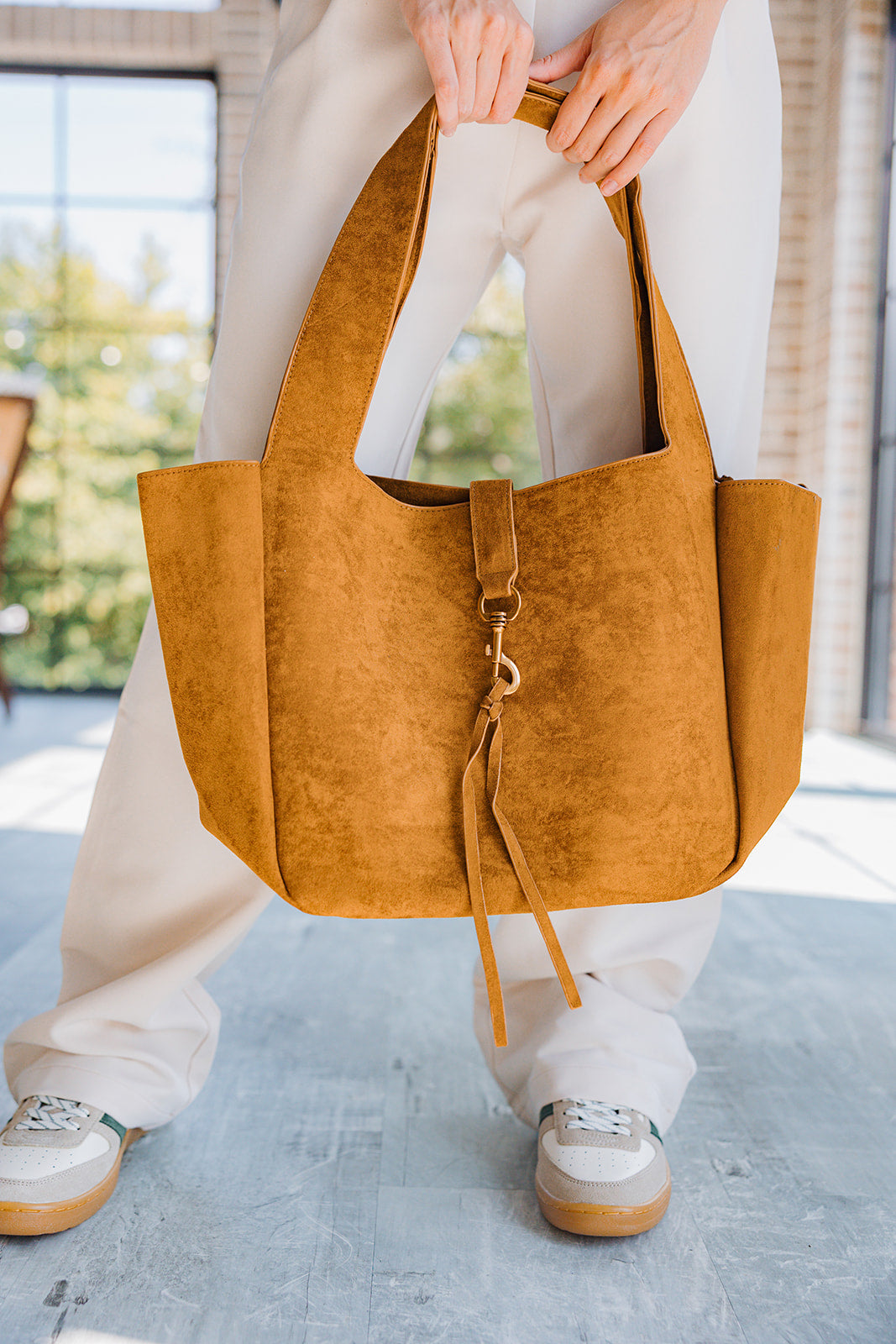 Delilah Cognac Suede Tote Bag - front view
