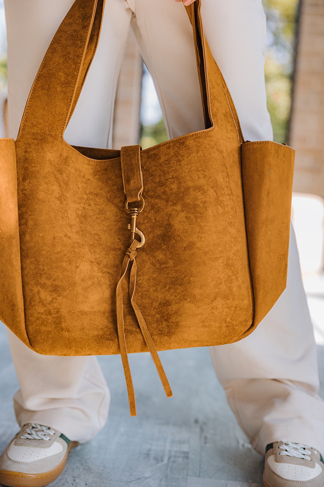 Delilah Cognac Suede Tote Bag - close up front view