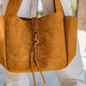 Delilah Cognac Suede Tote Bag - close up front view