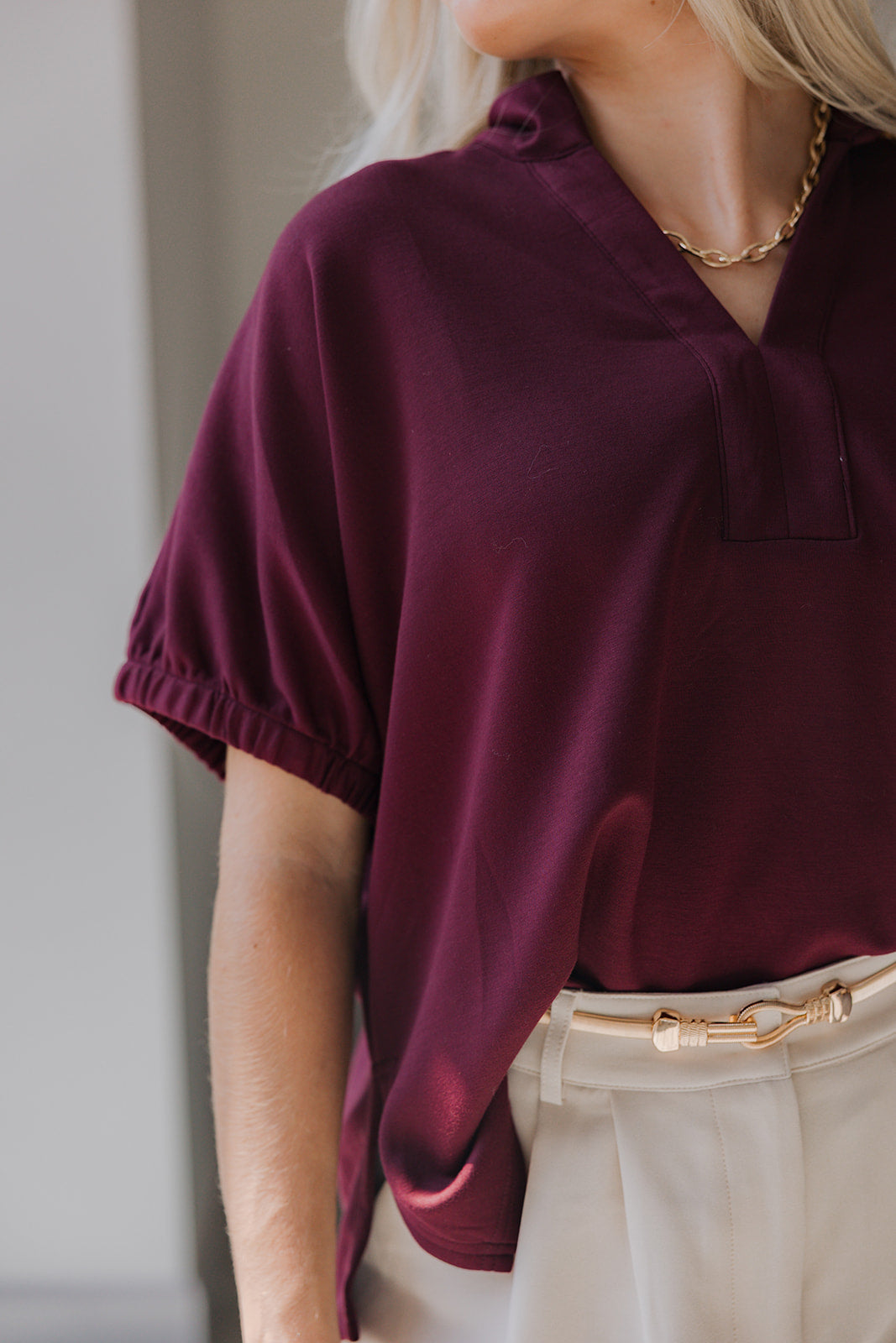 Kiara Deep Burgundy Short Sleeve Top - top side view
