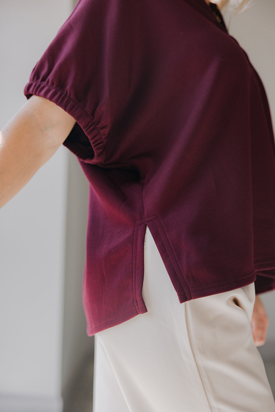 Kiara Deep Burgundy Short Sleeve Top - close up side view