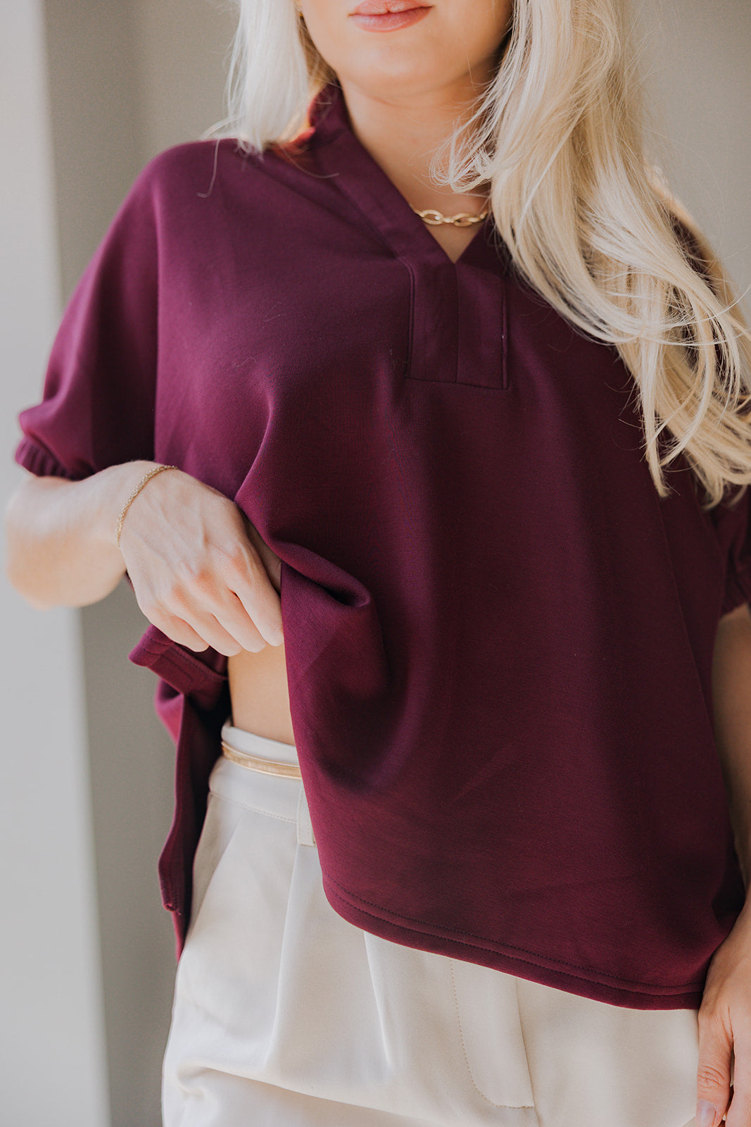 Kiara Deep Burgundy Short Sleeve Top - close up top view