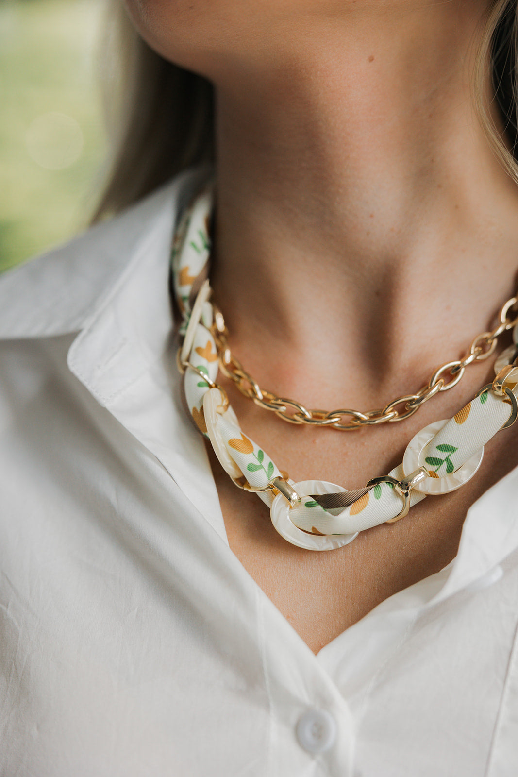 Emma Ivory Multi Floral Scarf Necklace - front view on model