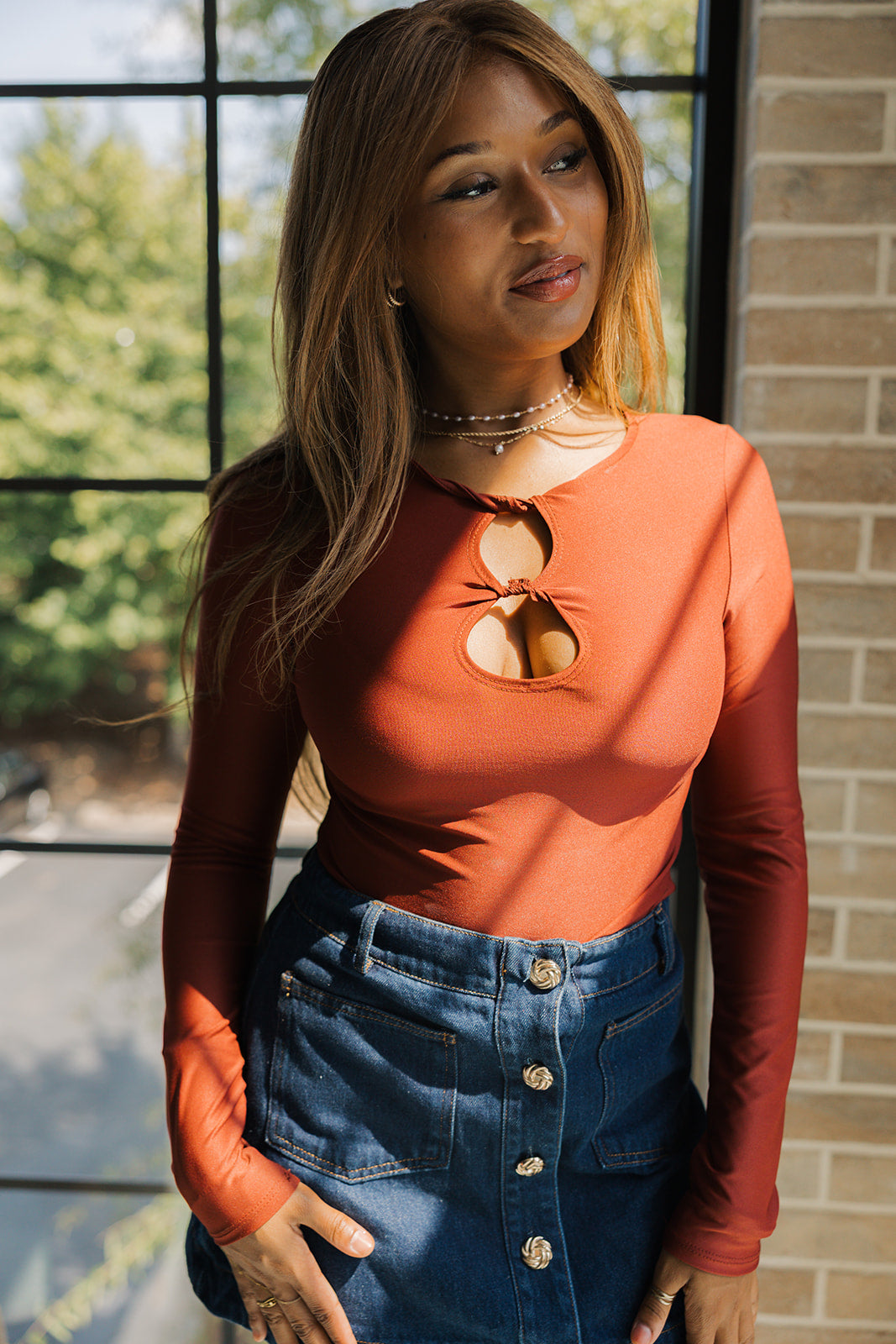 Demi Rust Keyhole Long Sleeve Top- front view
