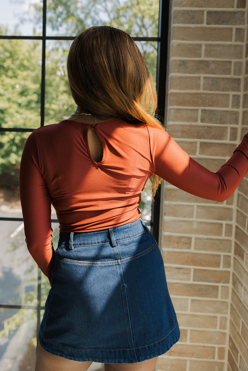 Demi Rust Keyhole Long Sleeve Top- full back view