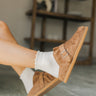 Joia Brown Suede Slide-On Clog Mule- view of side on model