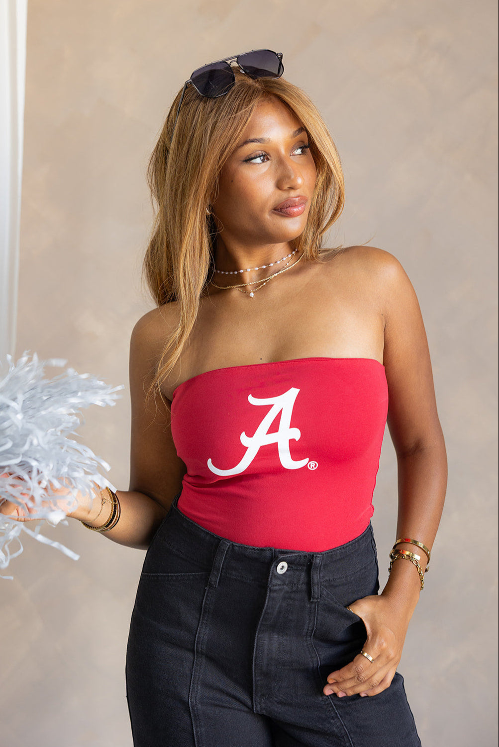Leah Alabama "A" Crimson & White Tube Top- front top view