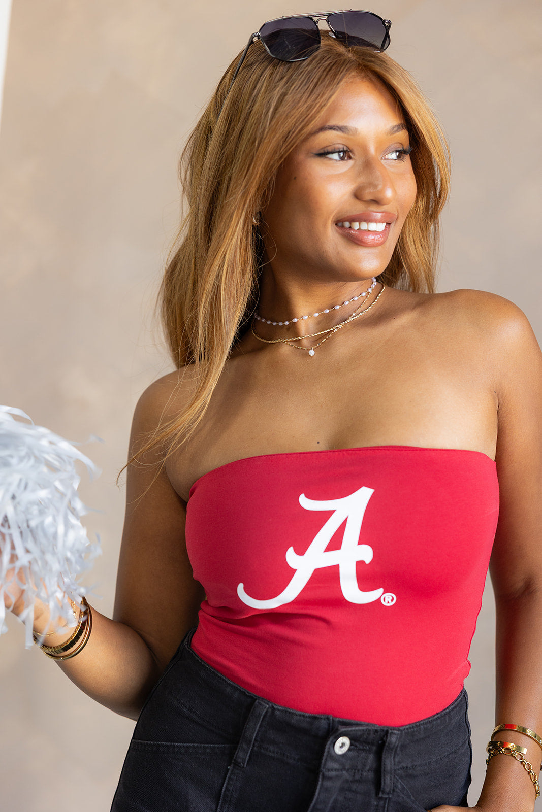 Leah Alabama "A" Crimson & White Tube Top- close up top view