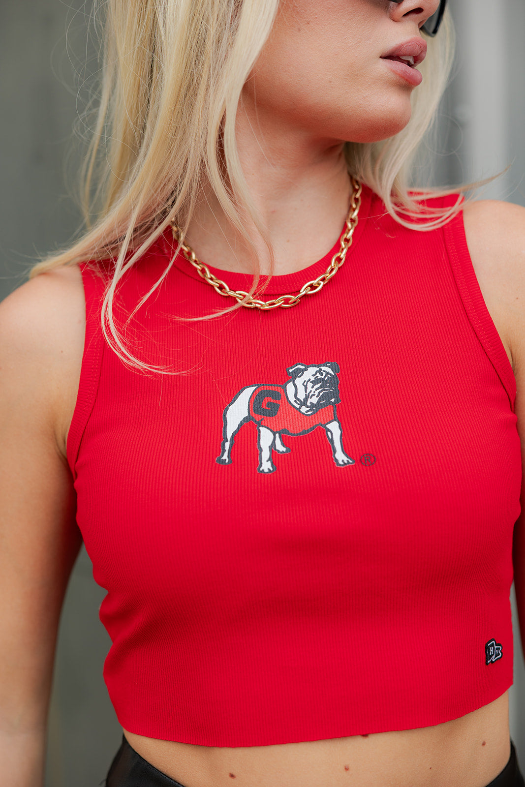 Georgia Bulldogs Red Cropped Graphic Tank- front top view