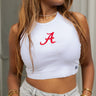 Alabama "A" Crimson & White Cropped Tank- close up front view