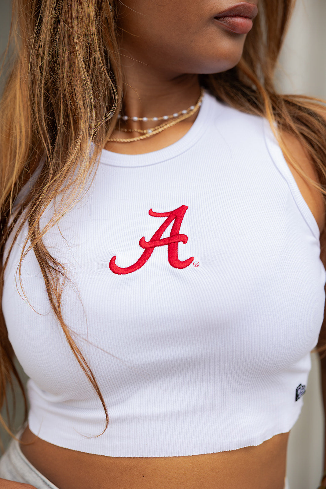 Alabama "A" Crimson & White Cropped Tank- close up view