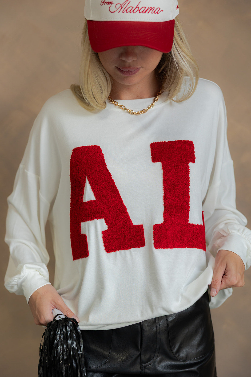 Alabama "AL" Crimson & White Top- close up front view