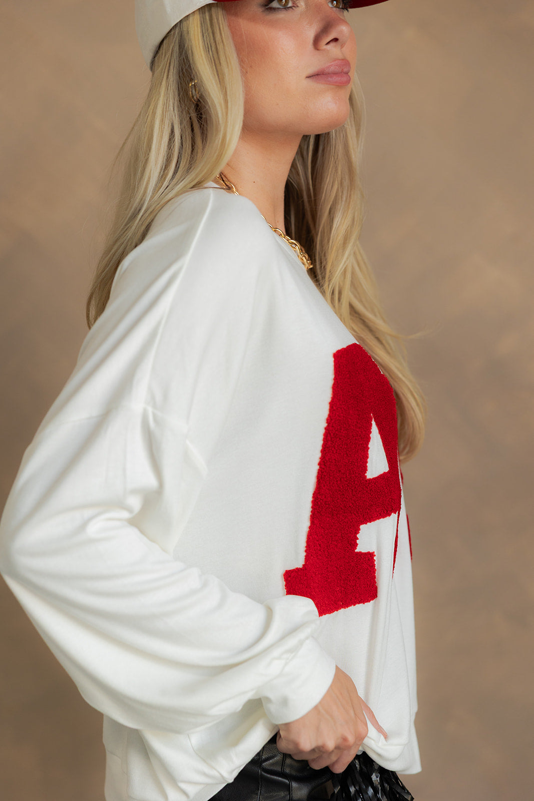 Alabama "AL" Crimson & White Top- close up side view