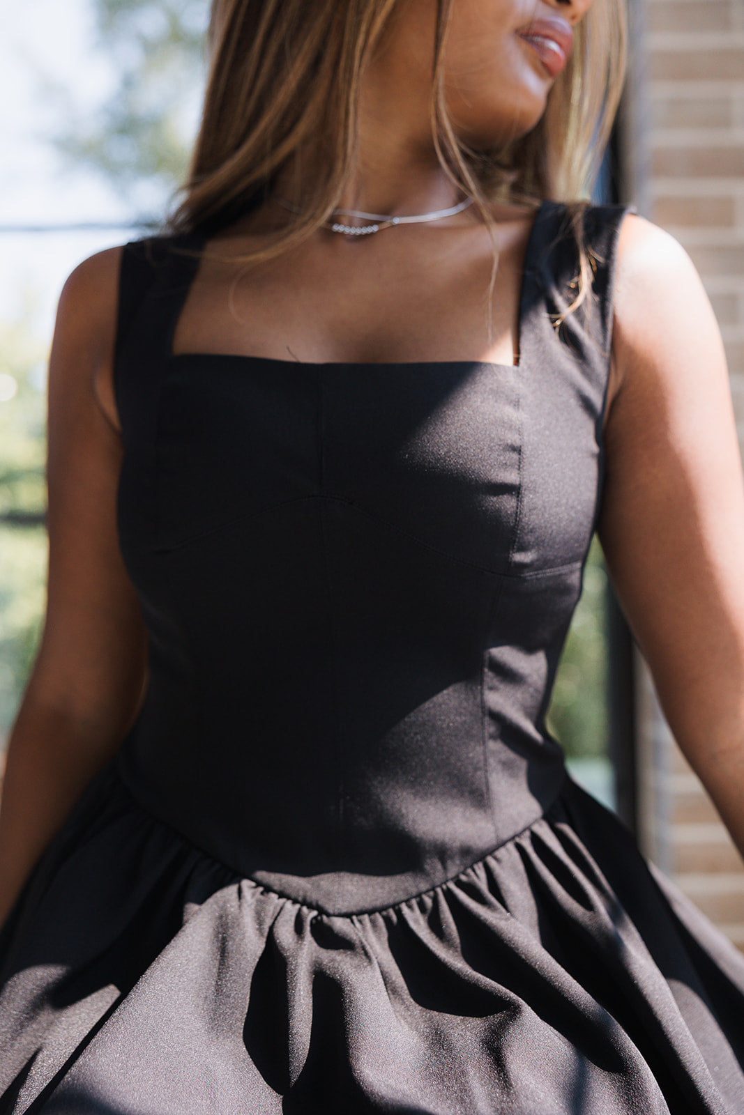 Zara Black Flare Mini Dress-close up top view