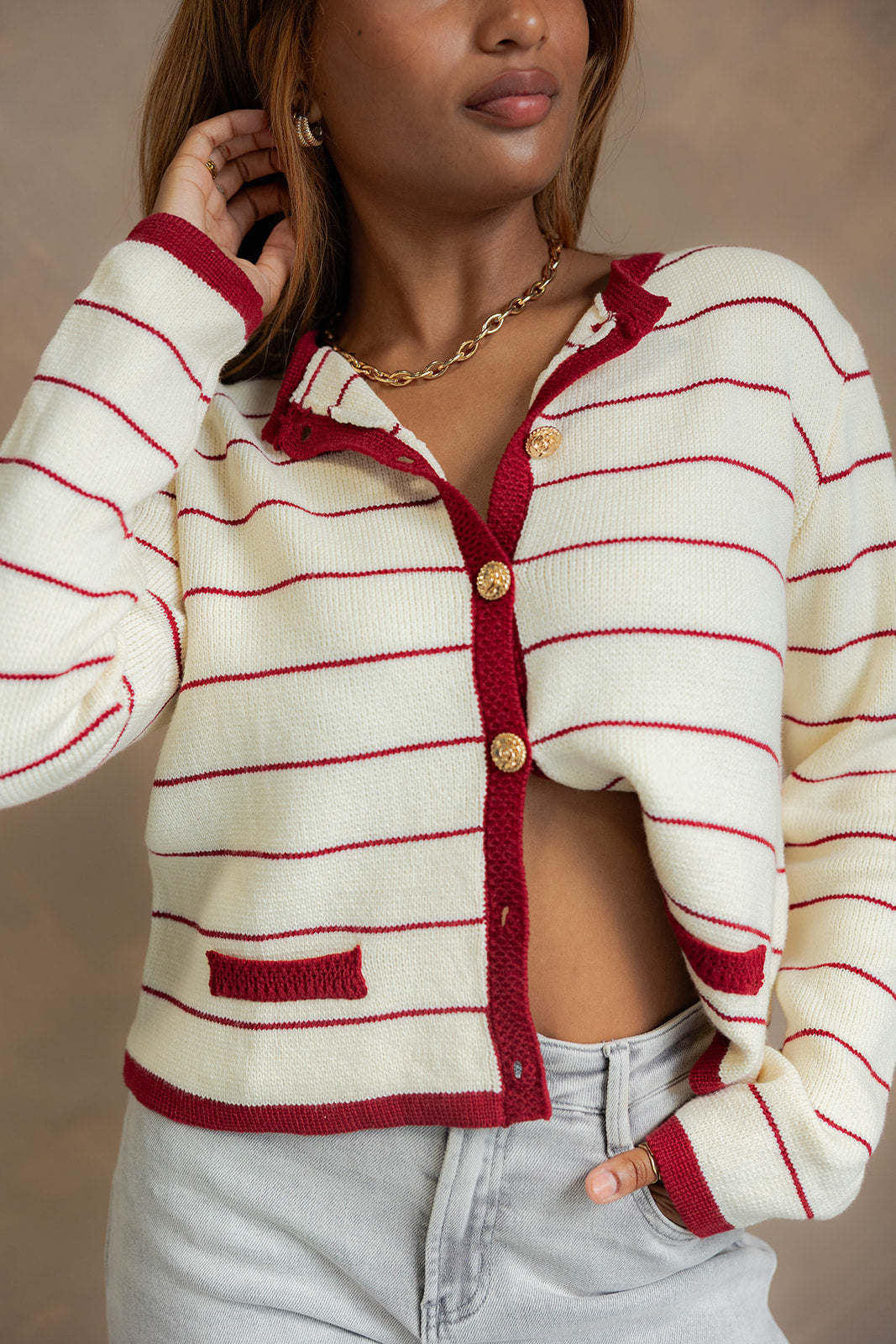 Dara Cream & Burgundy Striped Cardigan - front view