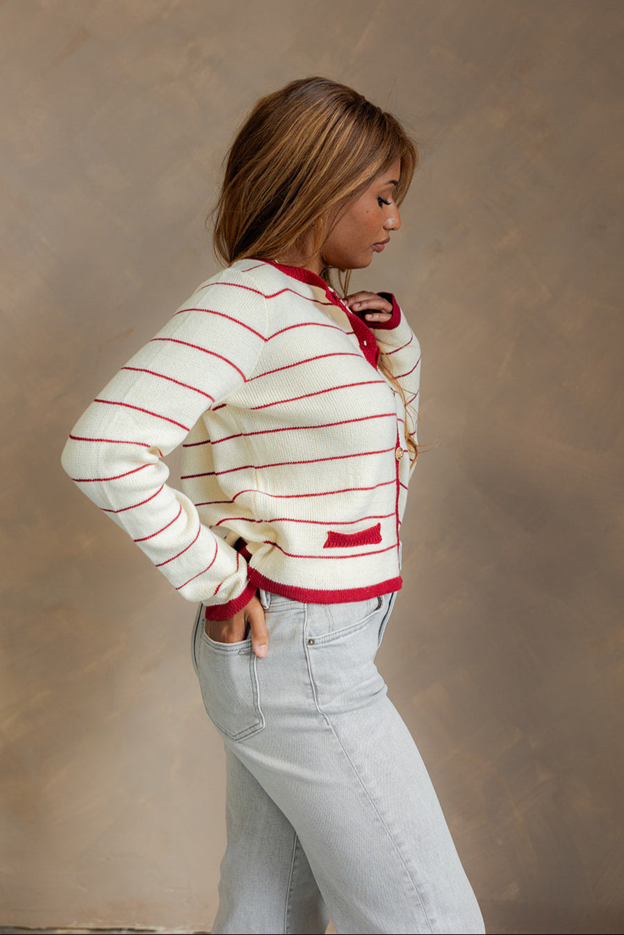 Dara Cream & Burgundy Striped Cardigan - side view