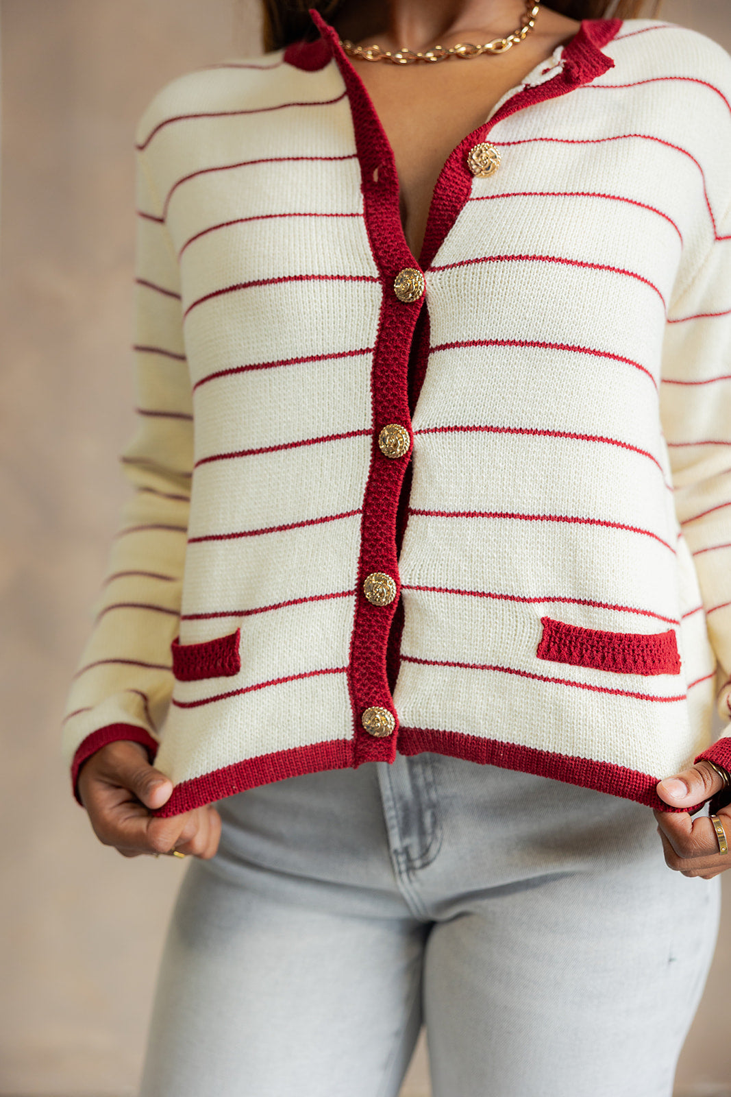 Dara Cream & Burgundy Striped Cardigan - front 