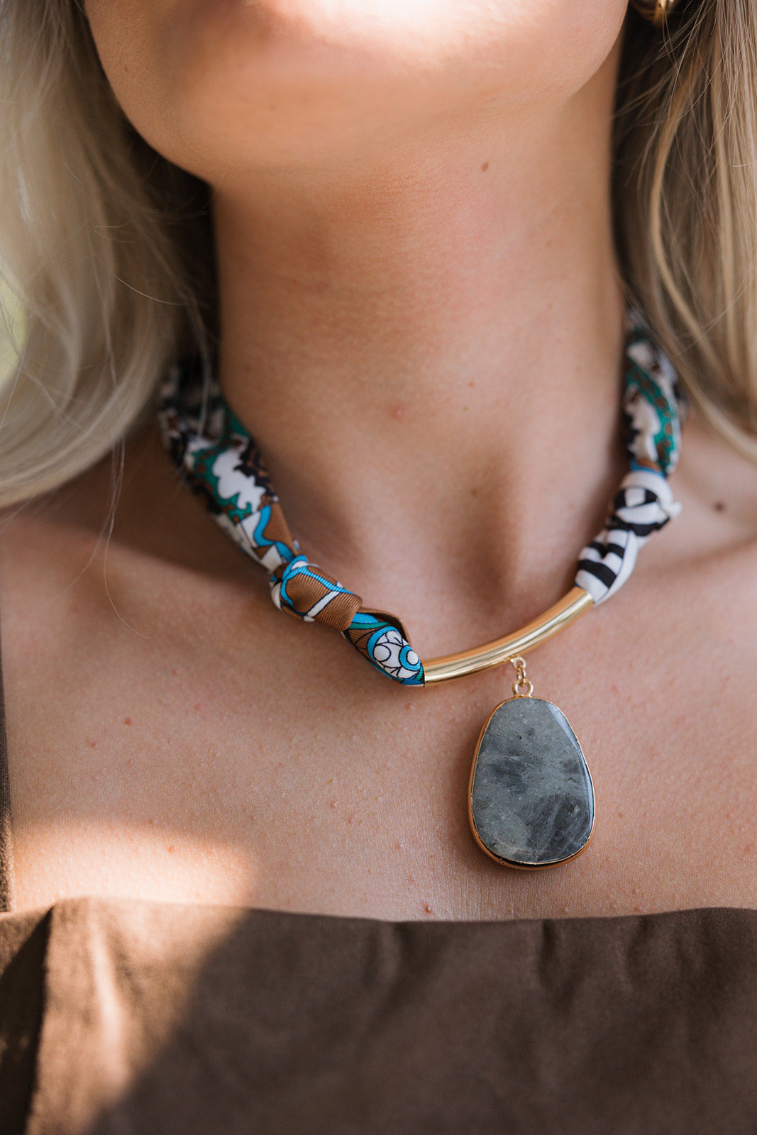 Kylah White Multi & Grey Stone Scarf Necklace - front view on model