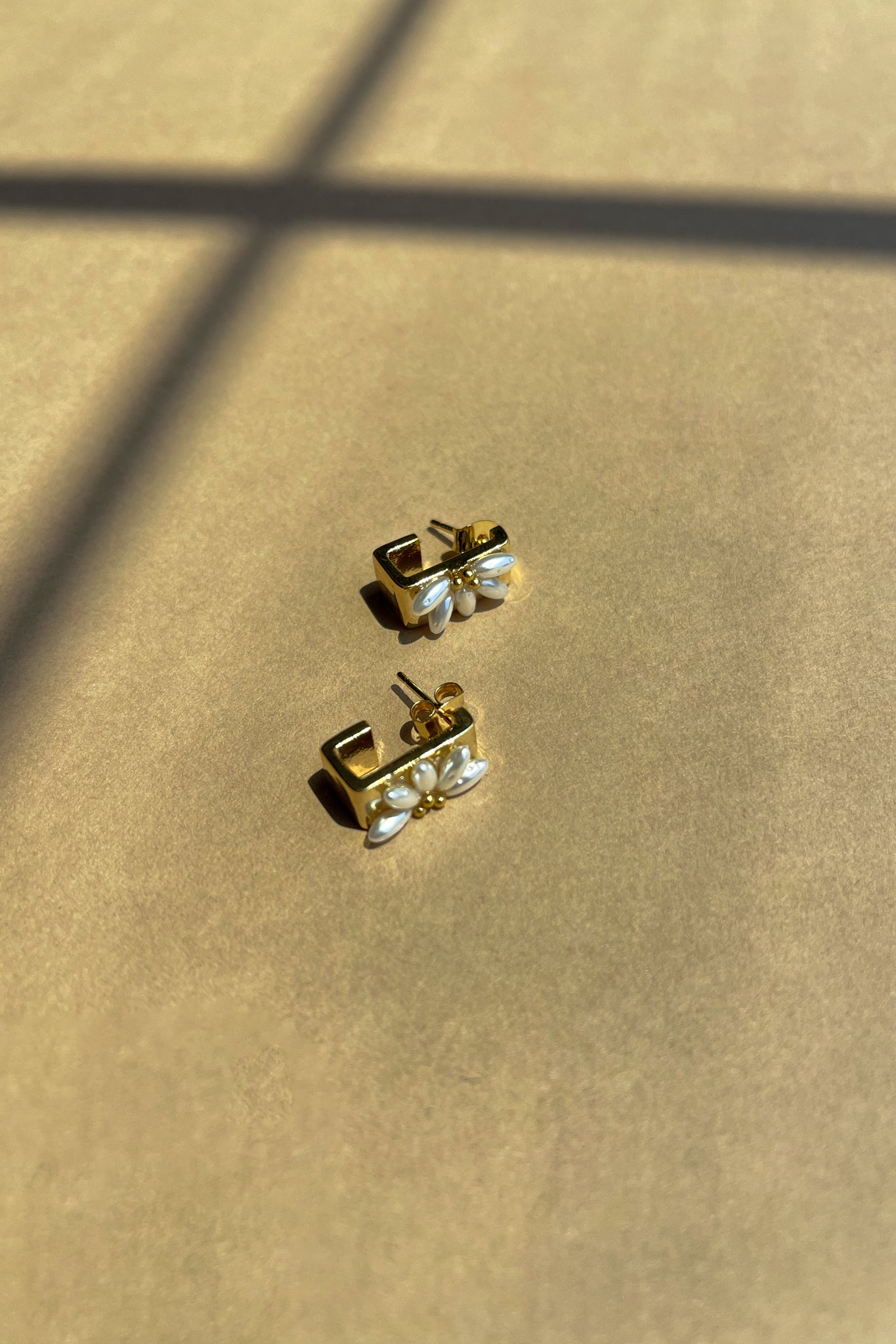 Rosie Gold & Pearl Flower Square Huggie Earring- front view