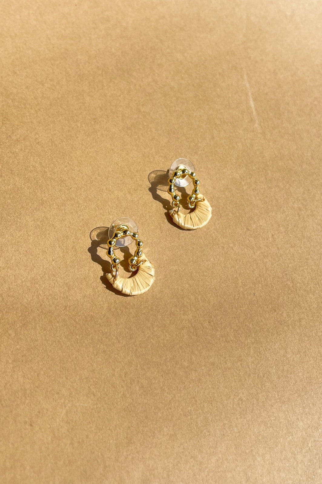 Jessa Gold Beaded & Straw Earrings - flat lay top 