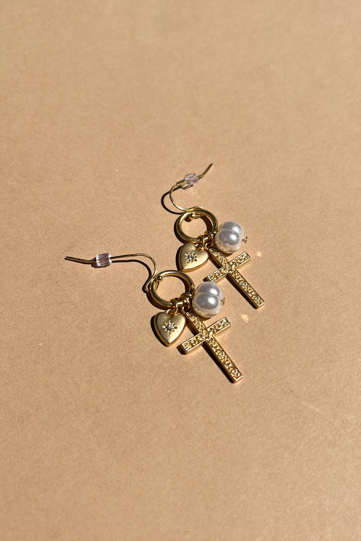 Ayla Gold & Pearl Charm Huggie Dangle Earring- flat lay view