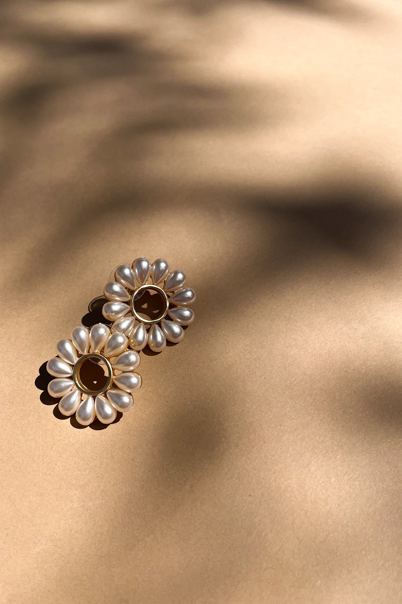 Emilia Pearl & Gold Flower Stud Earring- flat lay close up view