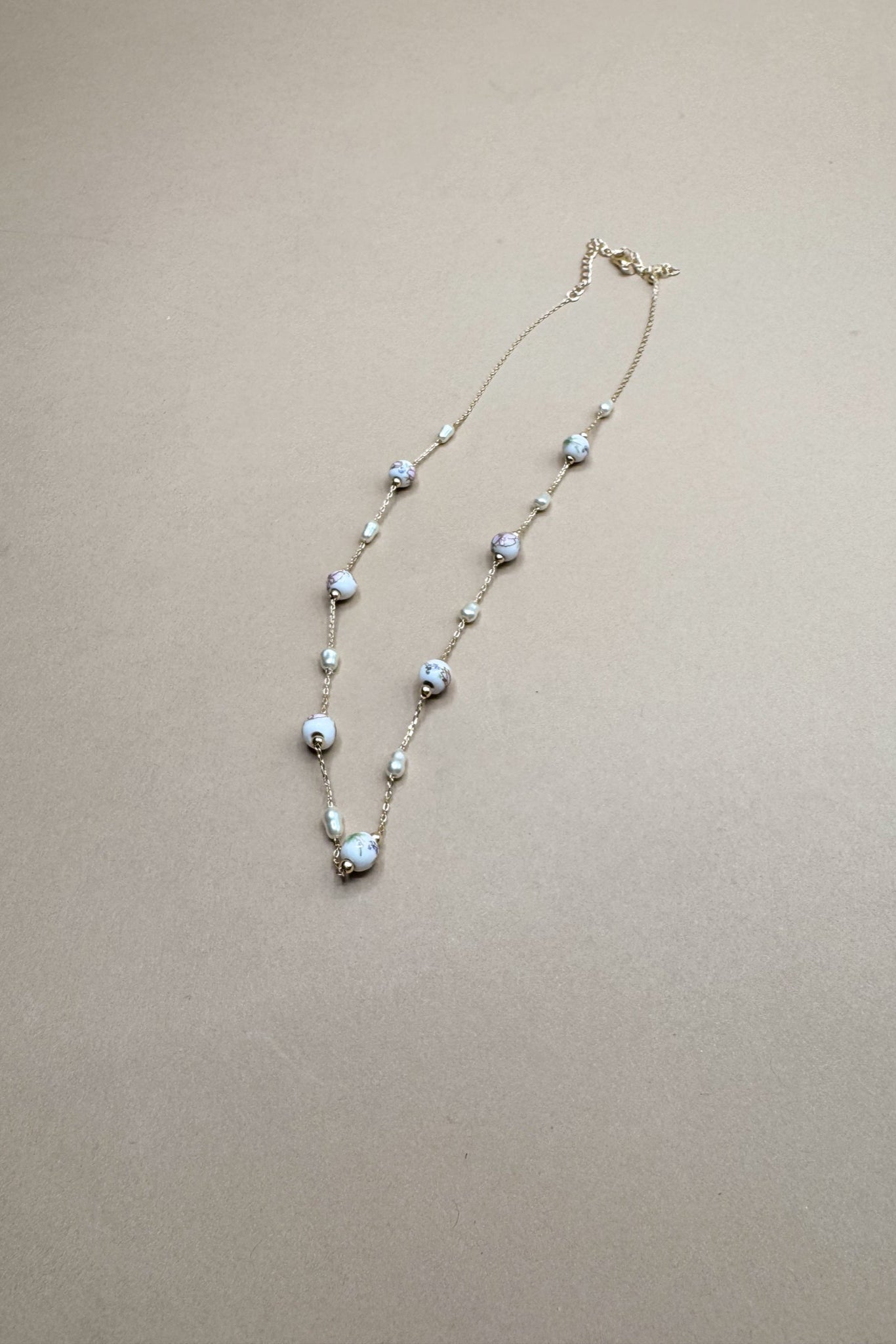 Julie White & Pink Floral Beads Chain Link Necklace- full view