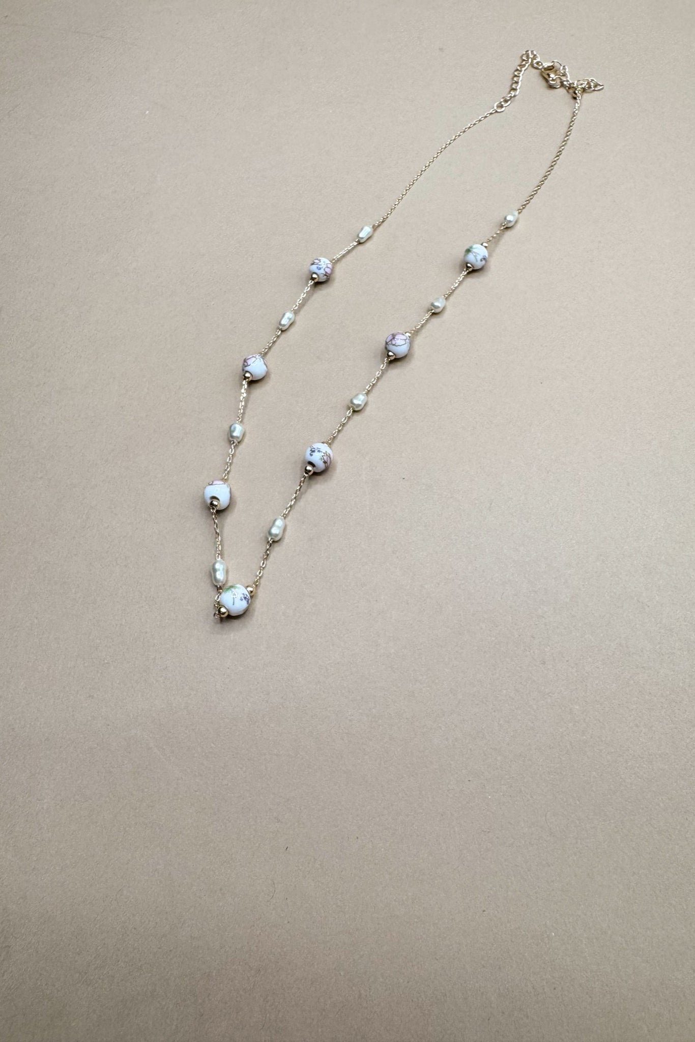 Julie White & Pink Floral Beads Chain Link Necklace- flat lay view