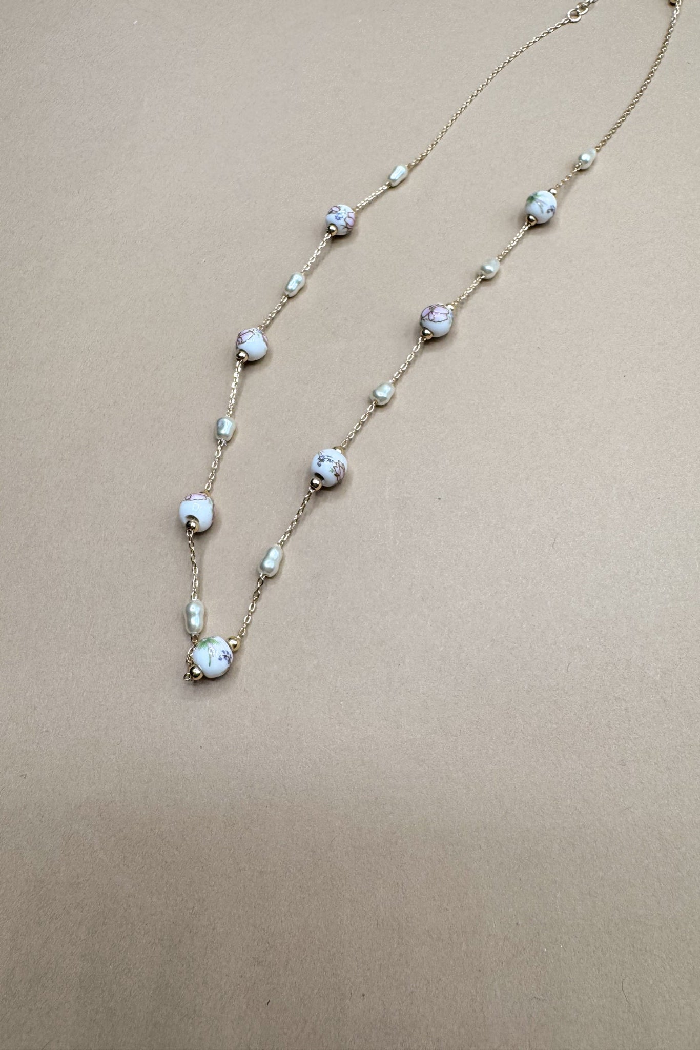 Julie White & Pink Floral Beads Chain Link Necklace- close up front view