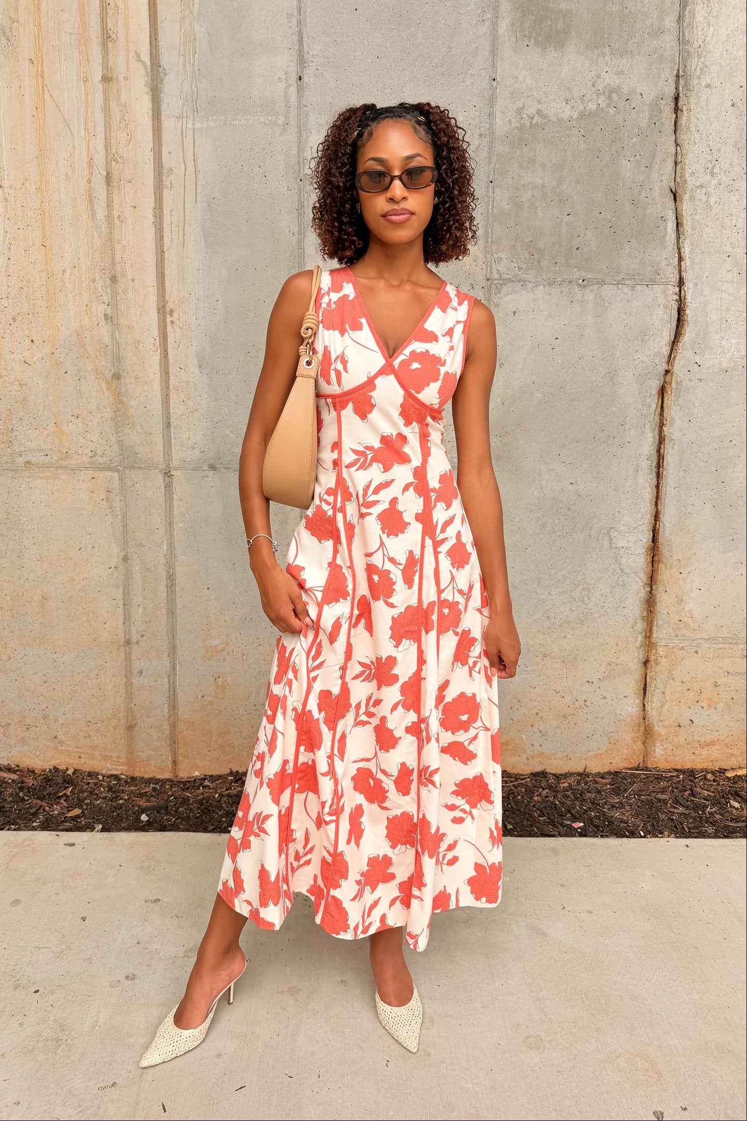 Sutton Cream & Peach Floral Midi Dress M