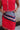 Emmie Red, White, & Navy Striped Satin Scarf - close up on model