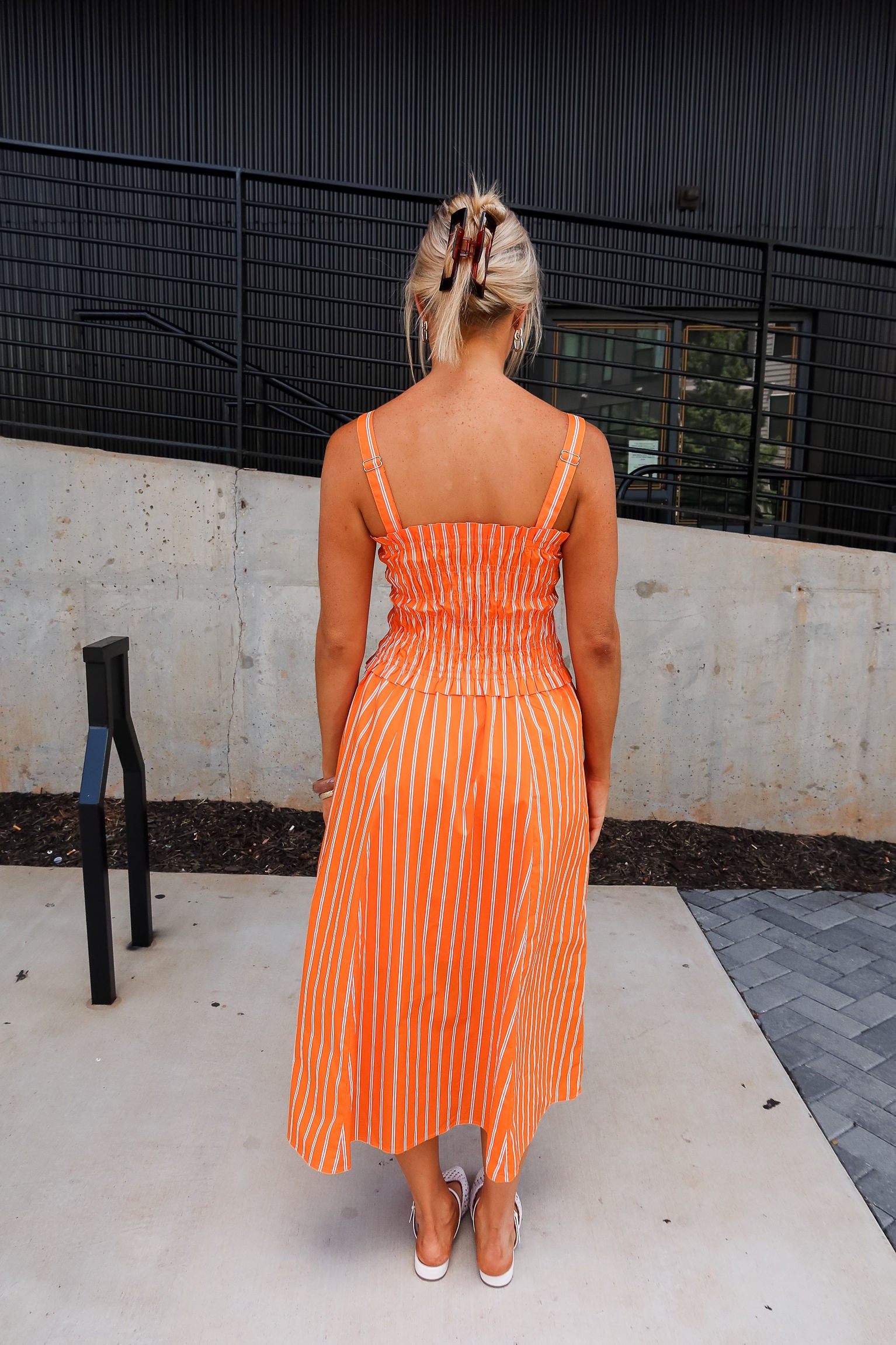 orange and white cocktail dress Toperth Orange Striped Tie-Front Midi Dress Toperth