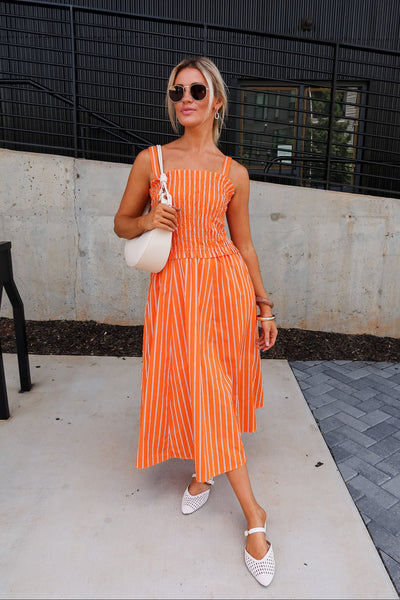 Jessa Orange & White Striped Midi Dress S