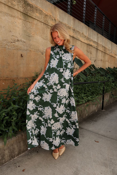 Eve Green Floral Satin Maxi Dress