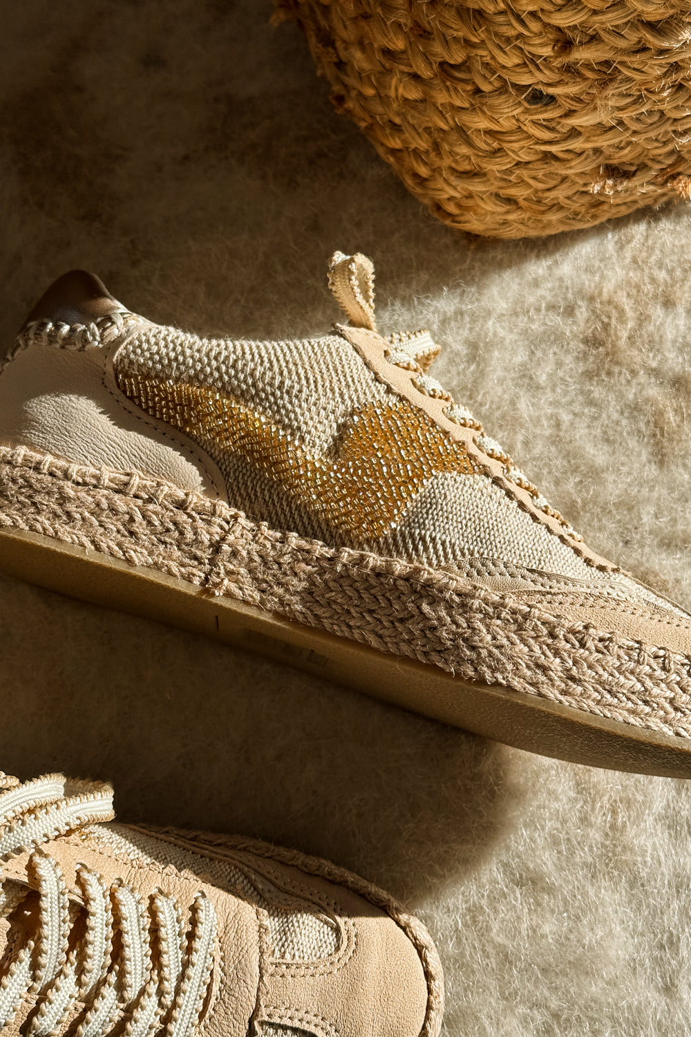 Dolce Vita Notice Gold Multi Burlap Bead Espadrille Sneaker- close up left side view