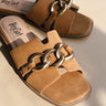 Off The Chain Cognac Smooth Sandal- close up frontal side view