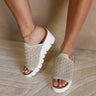 Side view of model wearing the Venti Crochet Sandal in Nude Silver which features Crochet Fabric Upper, Slide On Style, Memory Foam Footbed,  2.25 Inch Platform Wedge and Flexible Rubber Outsole