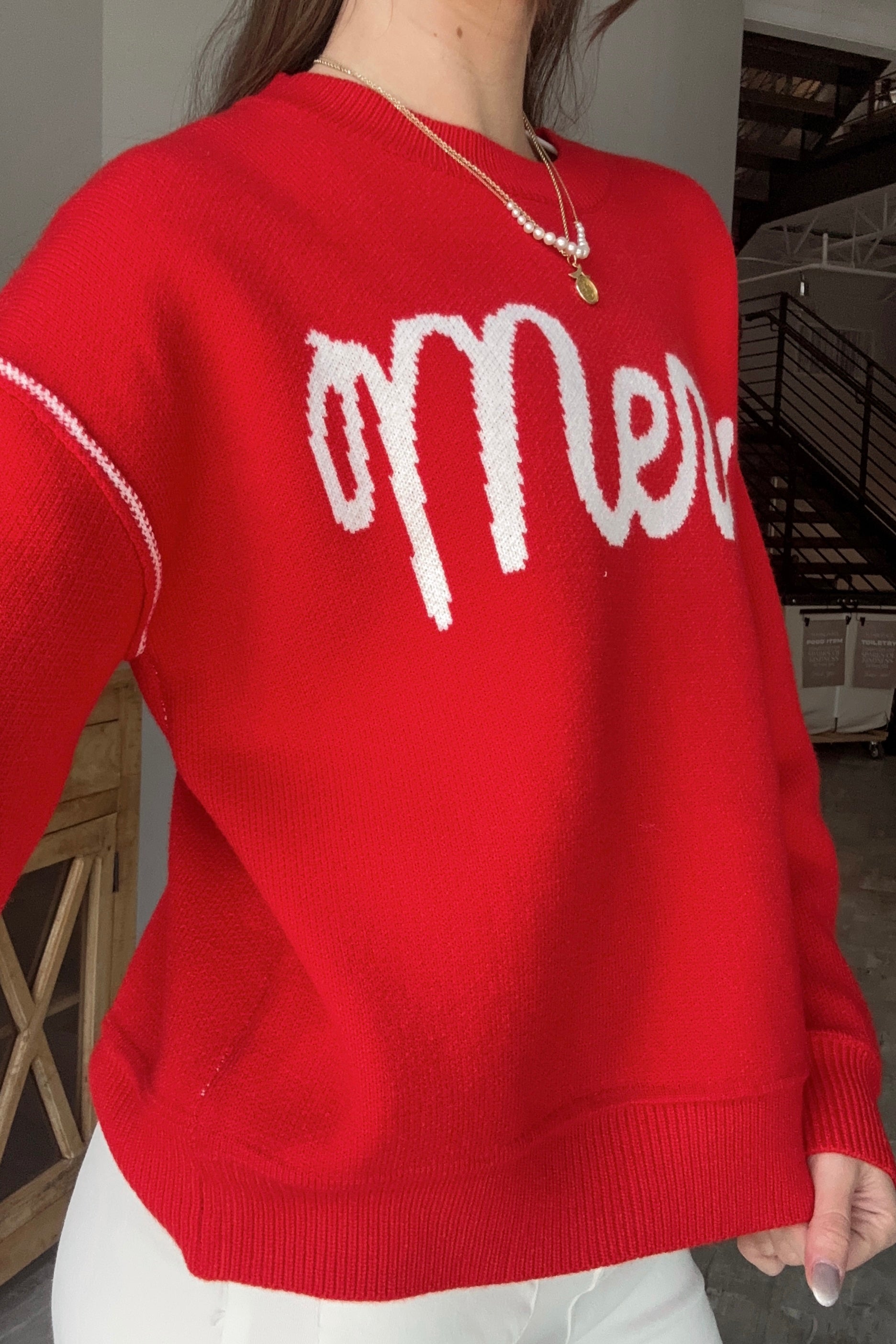 Merry Red & Cream Sweater - frontal side view