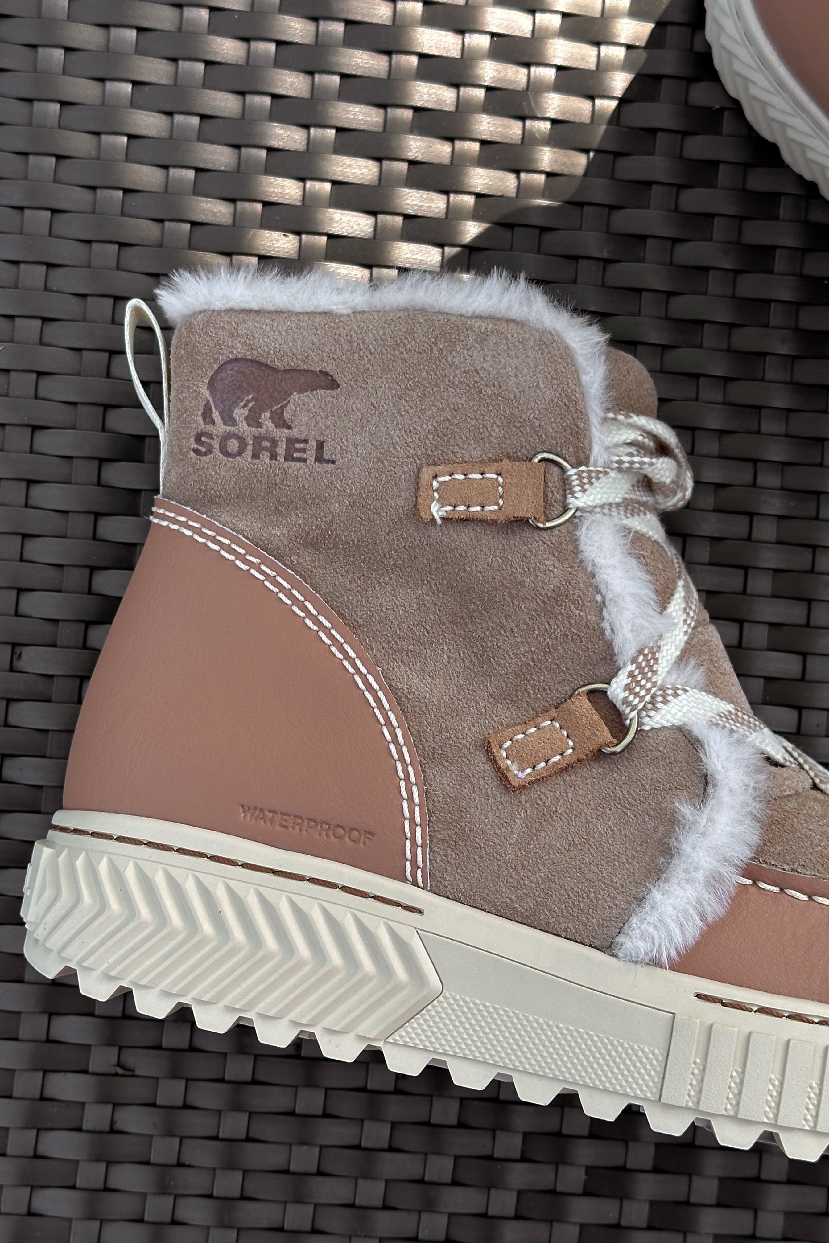Sorel Ona Ave Alpine Dusty Tan, Tawny Buff Waterproof Boot- close up side view