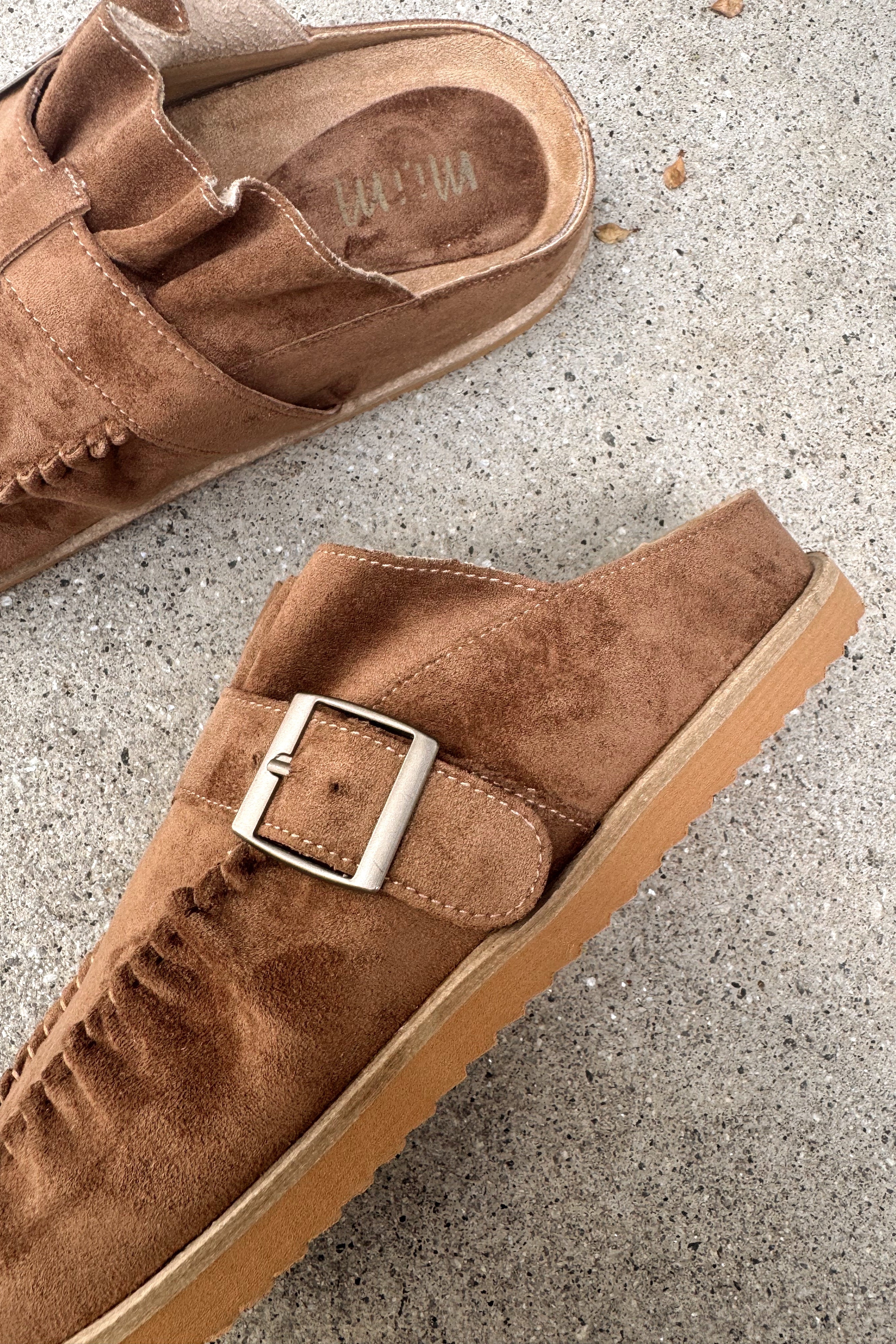 Joia Brown Suede Slide-On Clog Mule- close up side view