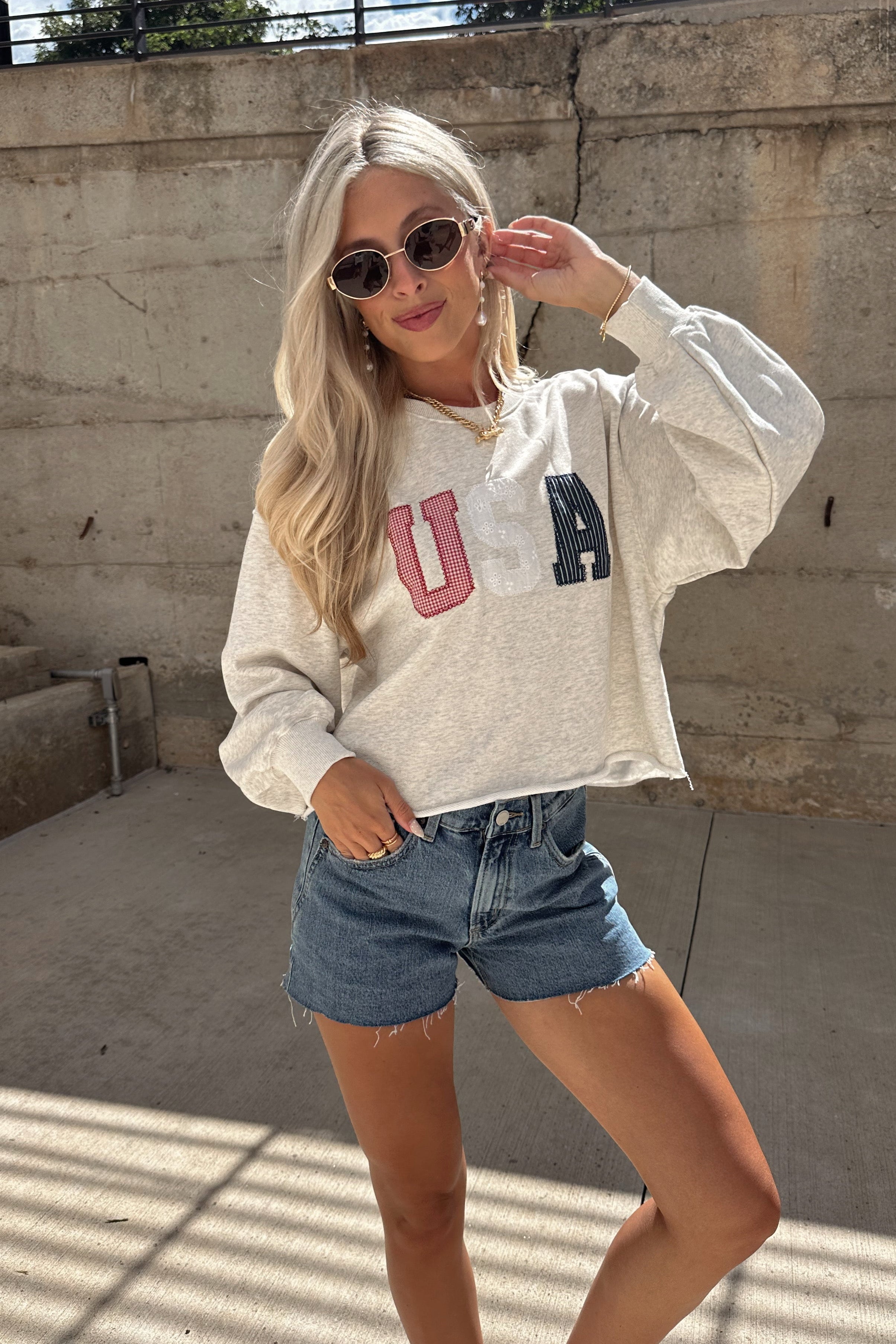 Sarah USA Heather Grey Multi Cropped Sweatshirt- front view