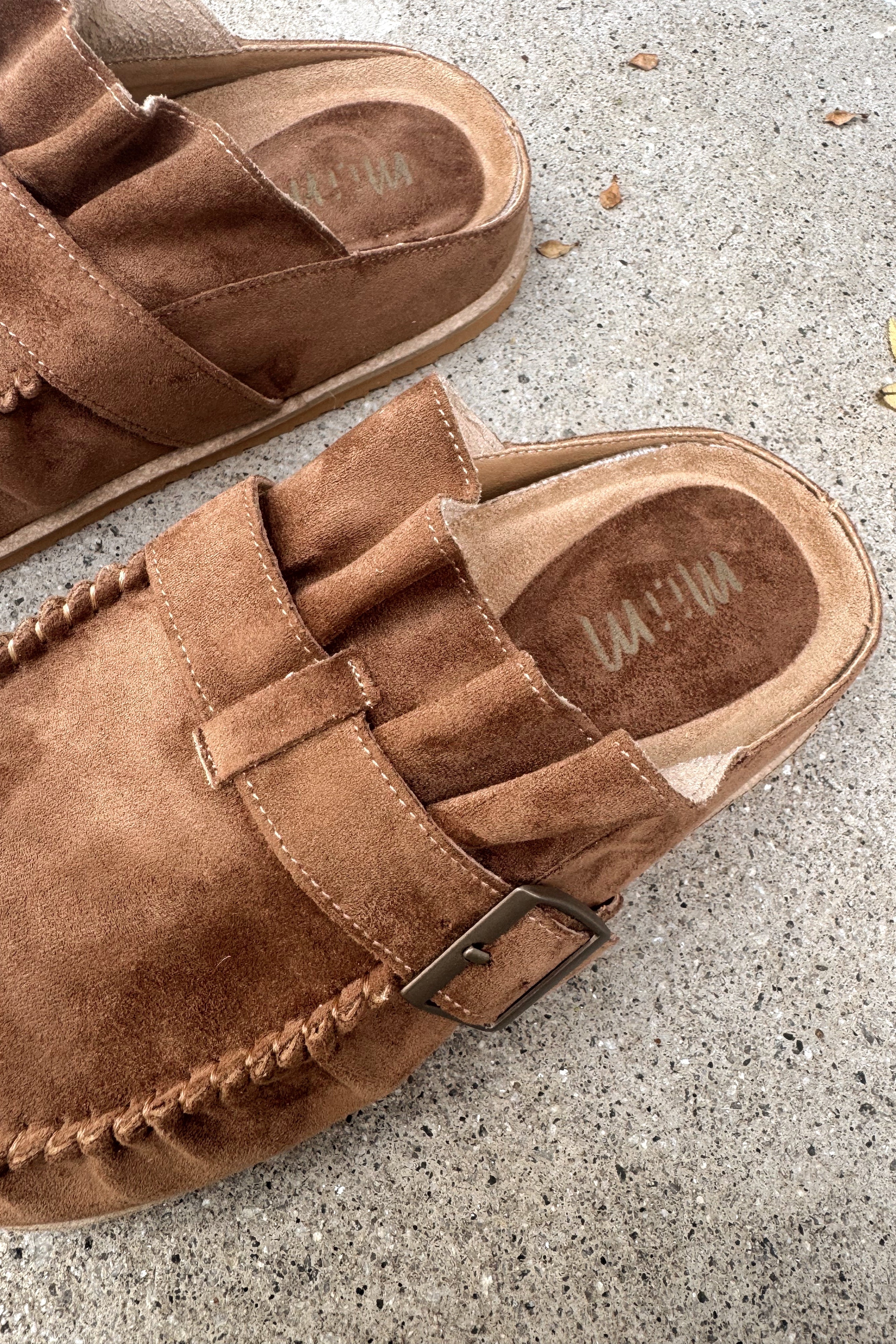 Joia Brown Suede Slide-On Clog Mule- close up top view