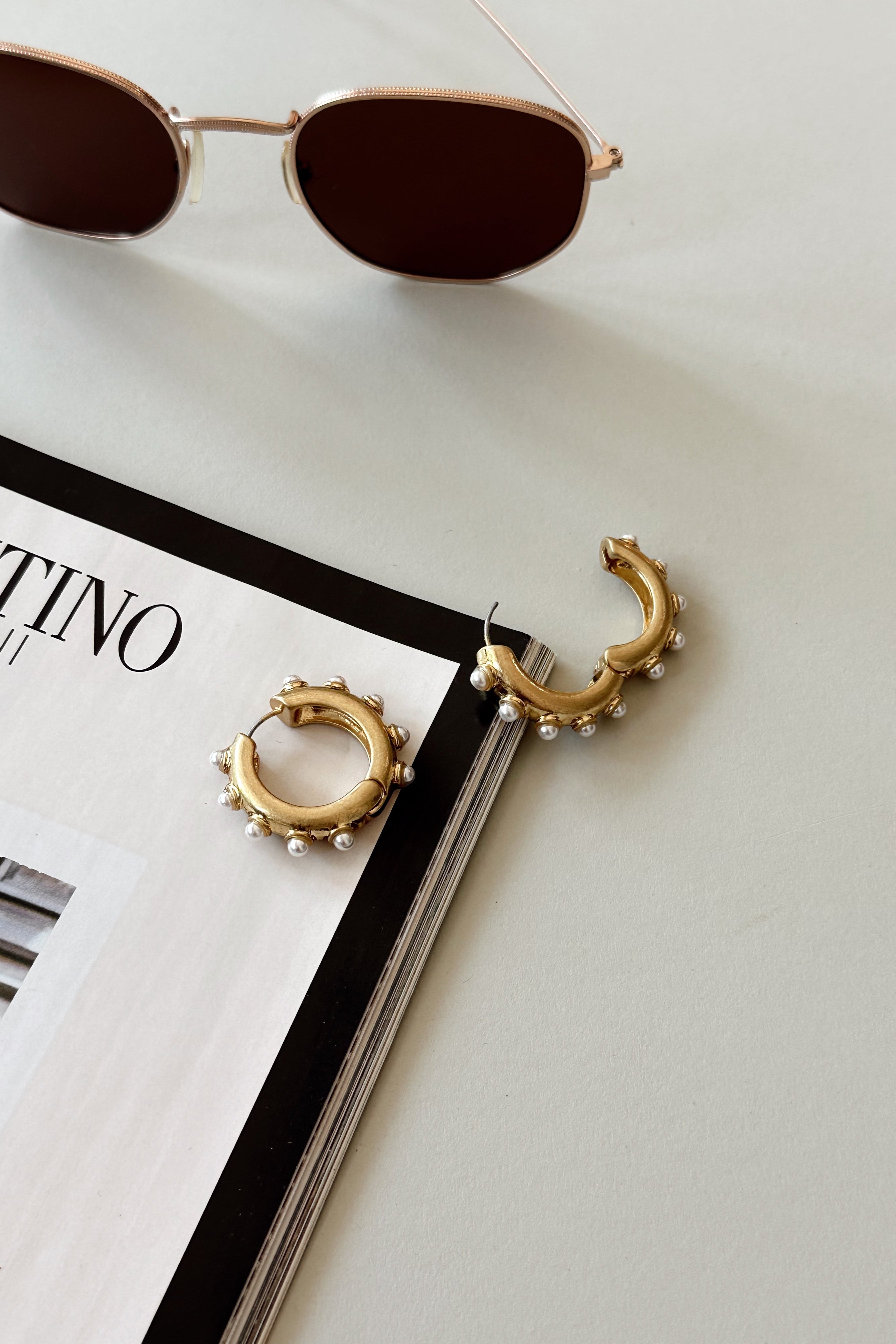 Delilah Gold & Pearl Hoop Earrings - flat lay